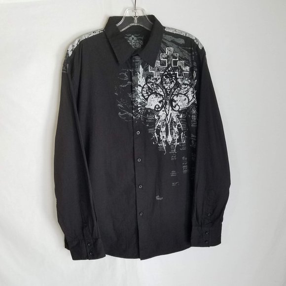 Roar Other - ROAR Embroidered Graphic Print Black Button Front Shirt Mens Size Large